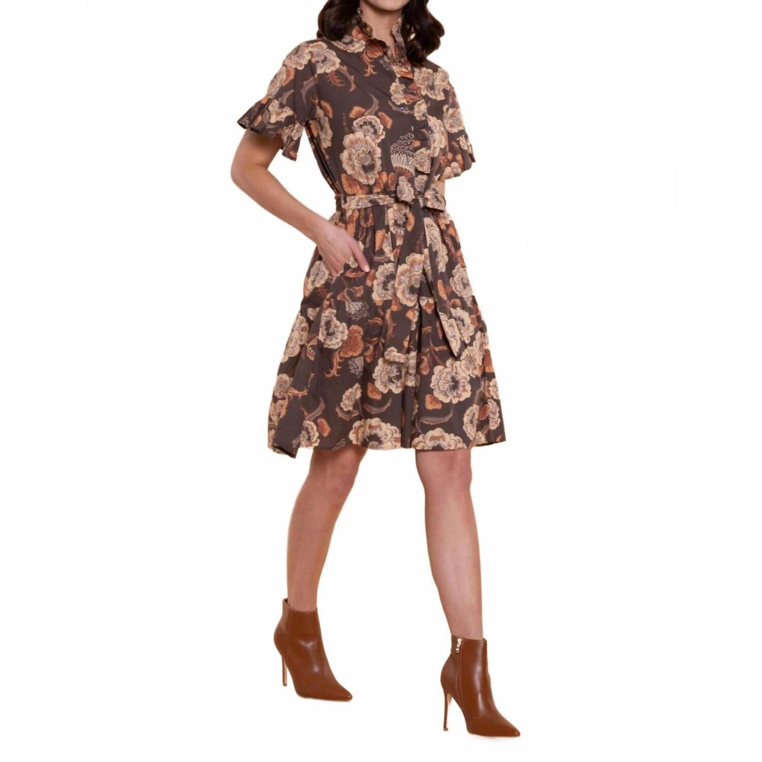 New Sheridan French Penny Short Sleeve Mini Dress In Mocha Flora — image 2 of 5
